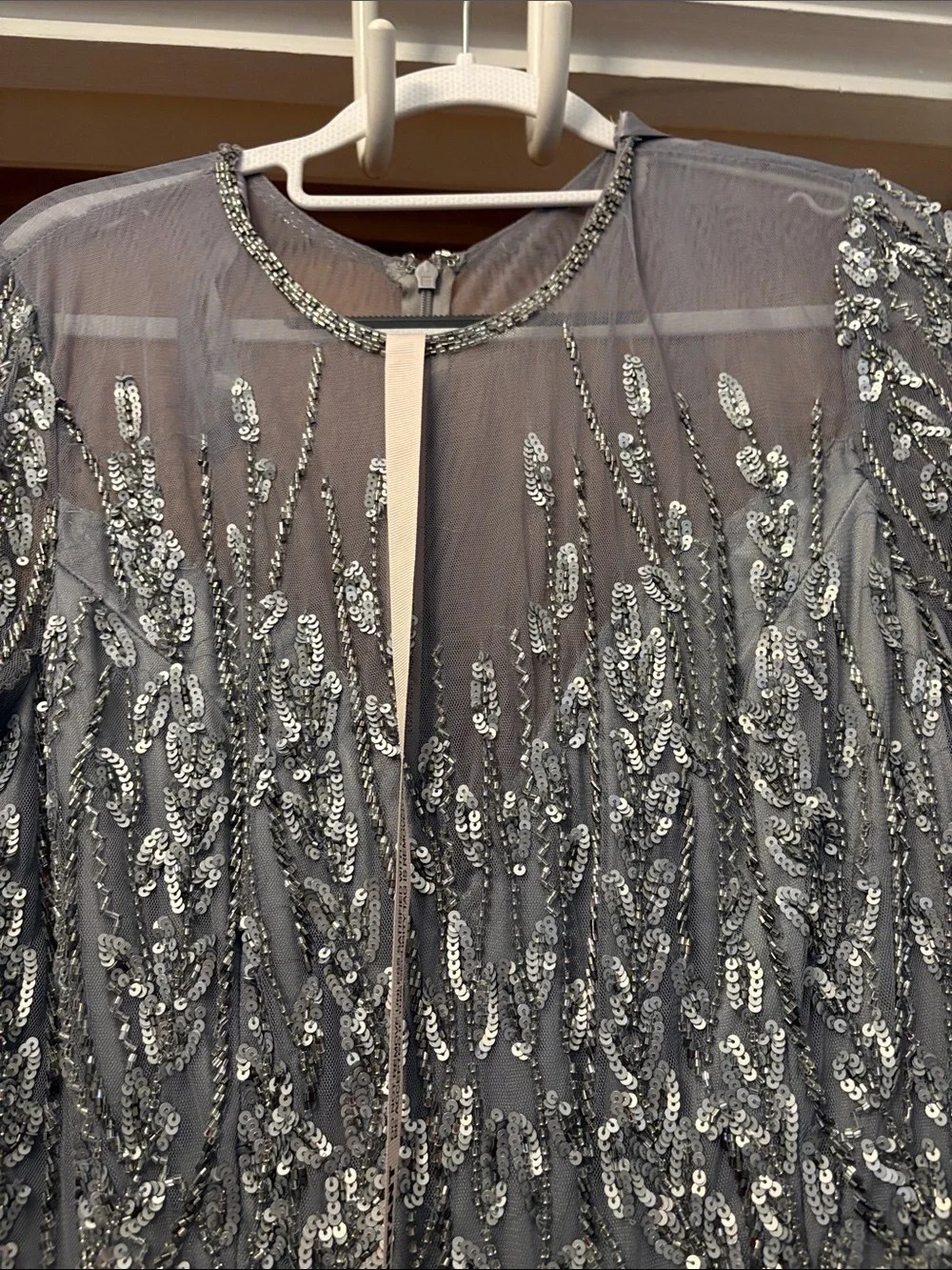 Mac Duggal Platinum Embellished Illusion High Neck Long Sleeve Gown Size 10 - Picture 6 of 9